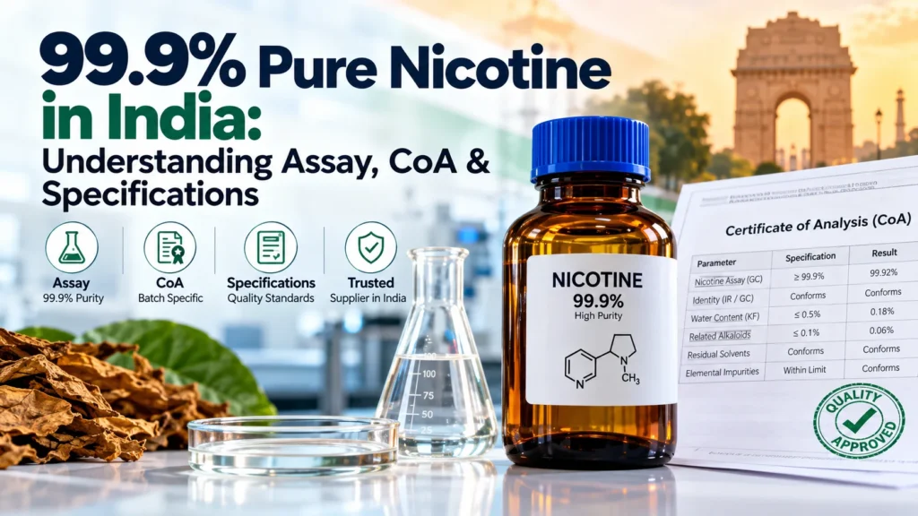 99.9% pure nicotine in India with assay, CoA and quality specifications
