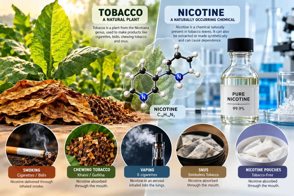 Nicotine vs tobacco comparison showing smoking, chewing tobacco, vaping, snus and nicotine pouches.
