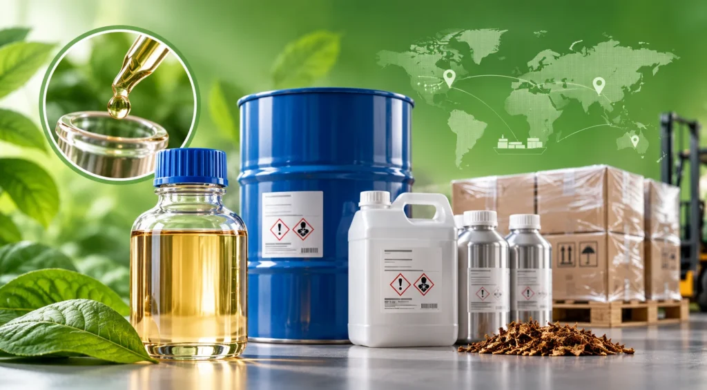Nicotine packaging solutions for bulk supply with secure containers and industrial packaging