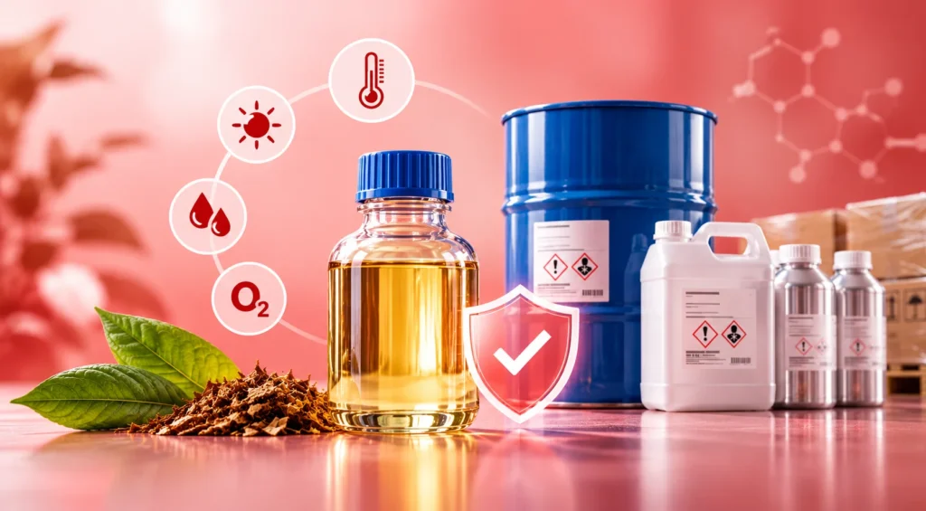 Nicotine shelf life and stability factors including temperature, light, oxygen and moisture